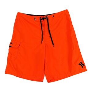 Hurley Mens Board Shorts Neon Orange Swim Trunks Cargo Pocket Size 36 Surf Vaca